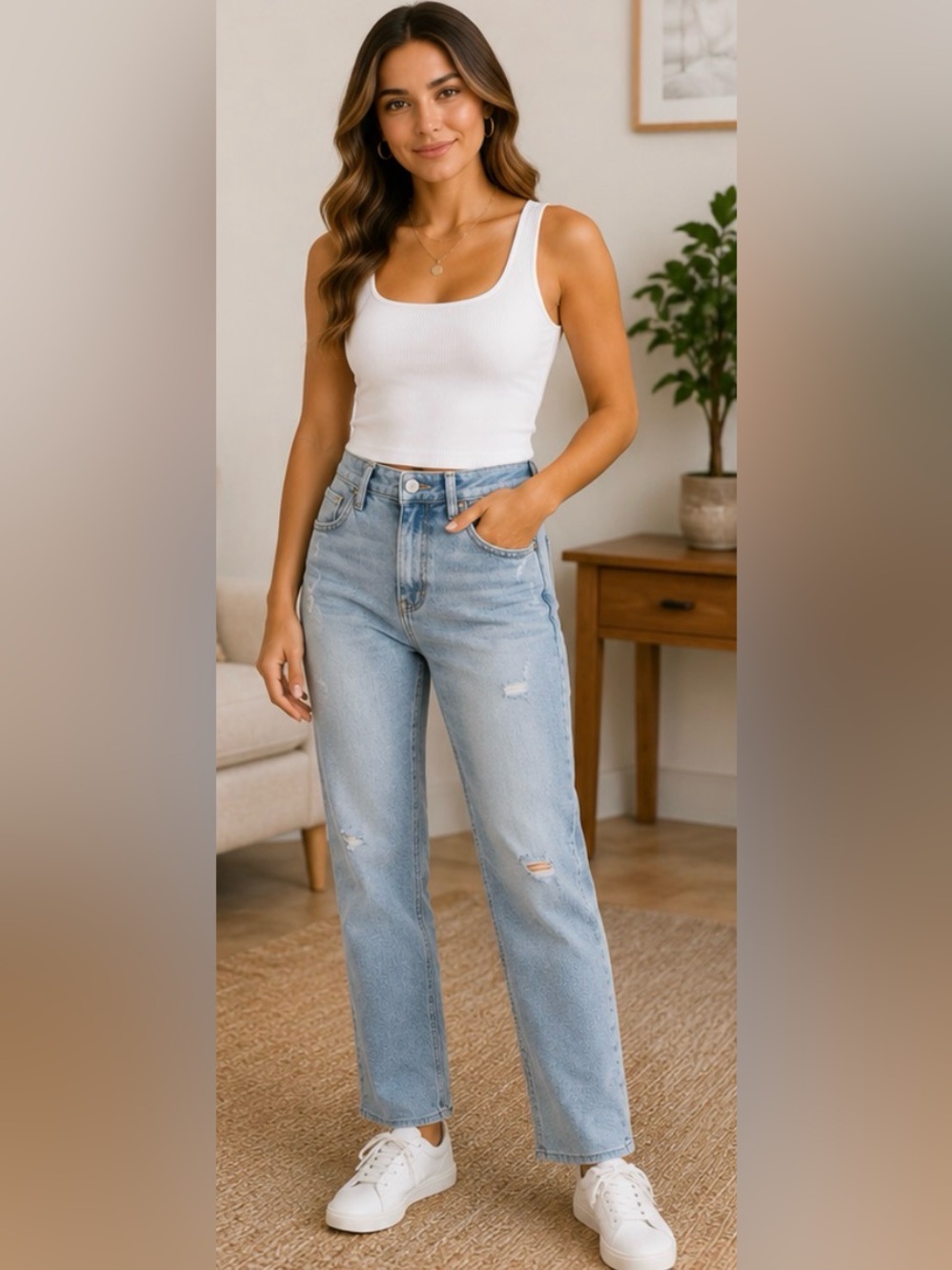 285 Kancan High Rise Distressed Straight Mom Jeans Sample Size 5/26 Light Wash